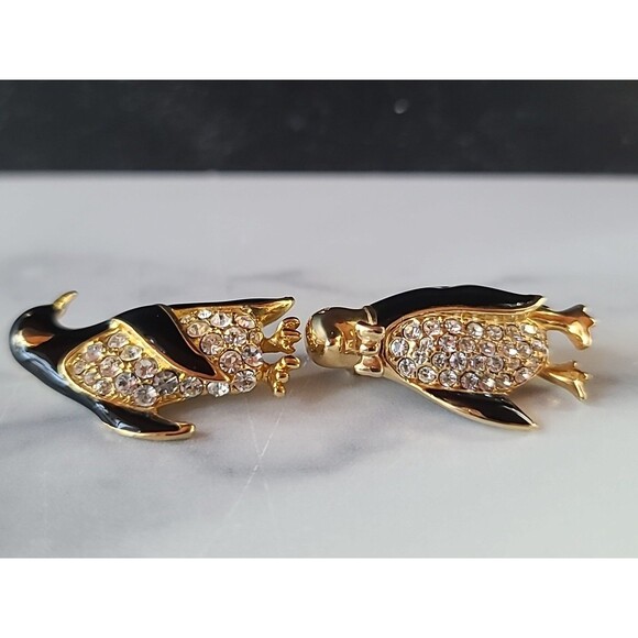 Penguin Couple Rhinestone & Enamel Gold Tone Brooch Vintage Costume Jewelry READ - Picture 3 of 11
